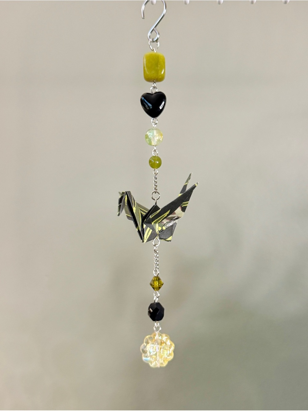 Origami Ornament #2546 - Small Crane with Glass and Stone Beads